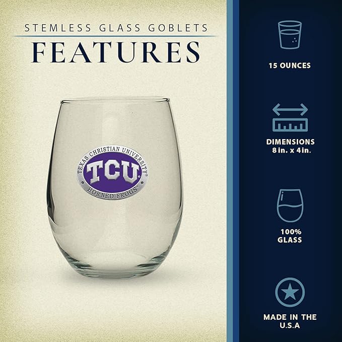 Heritage Pewter TCU Horned Frogs Stemless Glass Goblets – Set of 2 | 15 OZ Goblet Wine Glasses | Expertly Crafted Pewter Glass