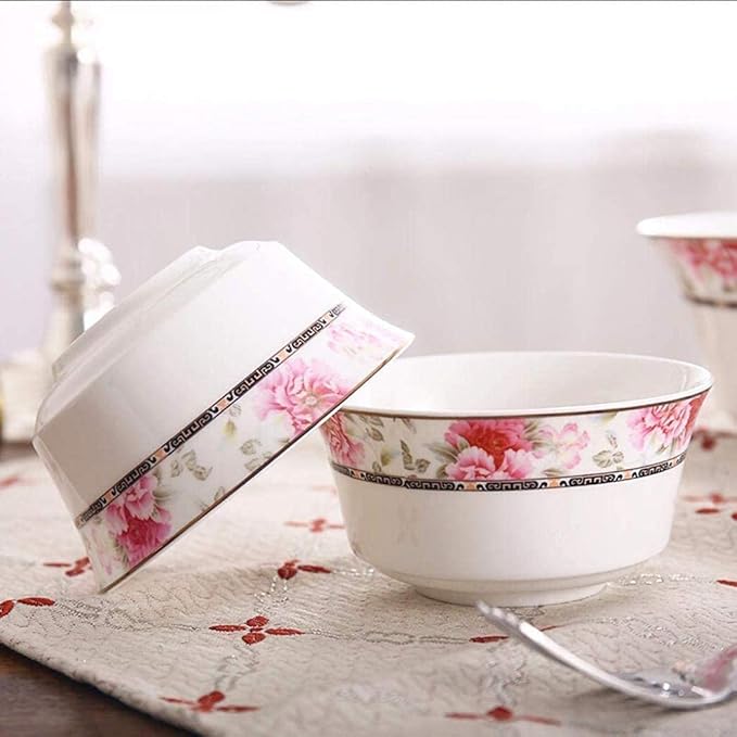 European Style Dinner Set 28 Pieces Dinnerware Bone China Tableware Set Ceramics Flower Pattern Dinner Sets Plates Bowls Combination for Family Party (White)
