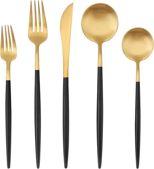 Matte Gold Silverware Set with black handle, Bysta 5-Piece Stainless Steel Flatware Set, Kitchen Utensil Set Service for 1, Tableware Cutlery Set for Home and Restaurant, Satin Finish, Dishwasher Safe