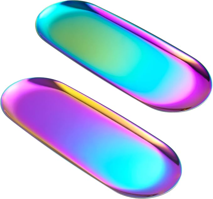 Oval Stainless Steel Tray Decor for Coffee Table Living Room,Bathroom Accessory Vanity Tray,Jewelry Dish Aesthetic,Perfume & Makeup Tray,Serving Platter,Display Tray.30cmX12cm.Colorful,2Piece.