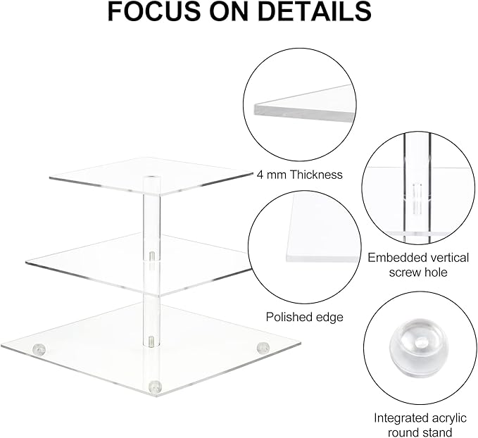 Cupcake Stand with Base, 3-Tier Square Acrylic Cupcake Display Stand Dessert Tower Pastry Stand Premium Cupcake Holder for Wedding Birthday Theme Party- Transparent