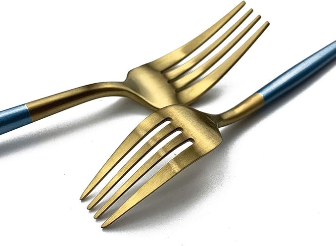 Gugrida Blue Handle Gold Flatware Set, Royal 5 Pieces Matte Blue Handle 18/10 Stainless Steel Dinner Fork 7.68", Camping Cutlery Silverware Travel Utensils Set Tableware