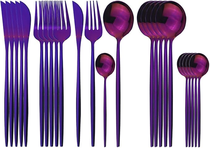 Purple Silverware Set, 24-Piece Stainless Steel Flatware Set Service For 6, Mirror Polished Tableware Cutlery Set Knife Fork And Spoon For Home & Restaurant, Dishwasher Safe