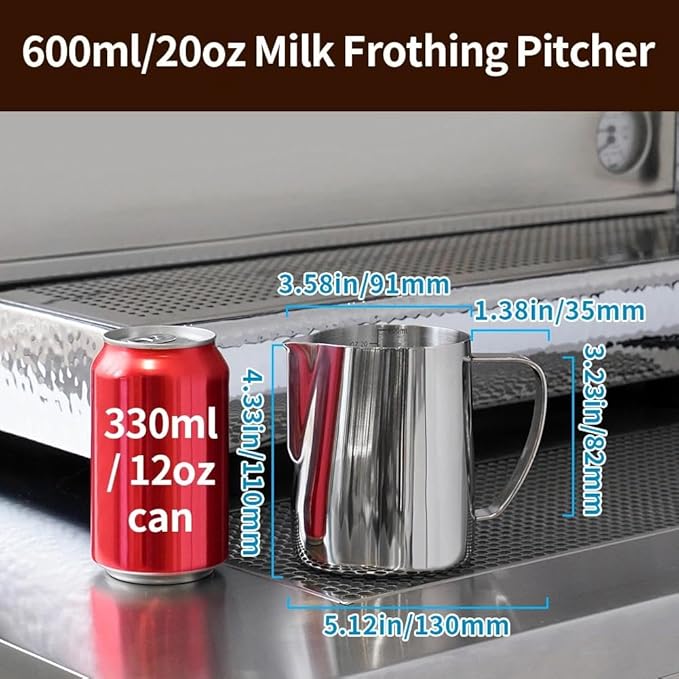 watchget Milk Frothing Pitcher 20oz/600ml Stainless Steel Espresso Steaming Pitcher for Espresso Machines Coffee Frothing Cup Cappuccino Latte Art Milk Jug Cup