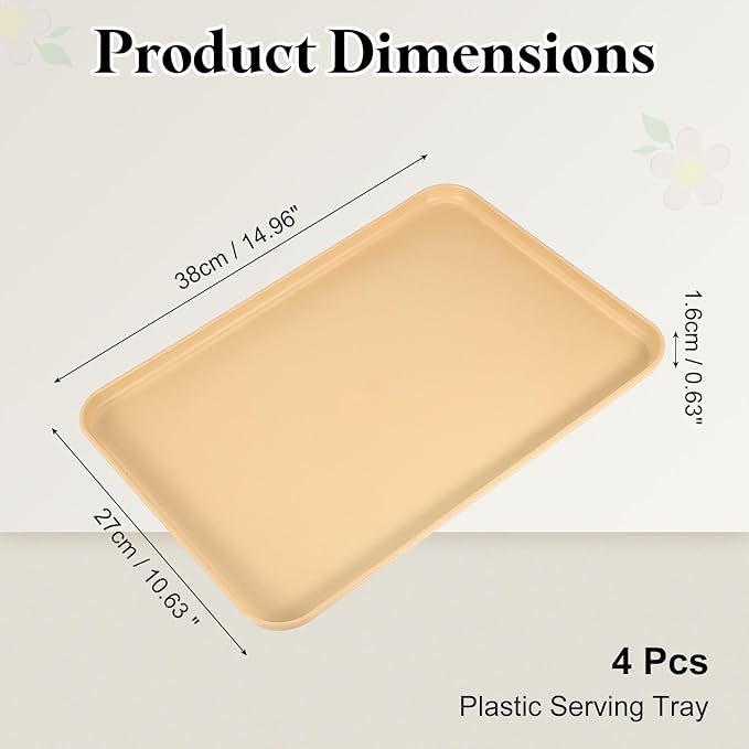 uxcell 4Pcs Plastic Serving Trays, 15 x 10.6 Inch Rectangle Food Trays Serving Cafeteria for Kitchen Restaurant Coffee Fruit Burger Lunch Dessert, Yellow