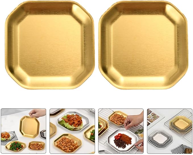 Uonlytech Stainless Steel Octagonal Snack Plates 12cm Gold Korean Style Pickle Dish Small Appetizer Plates 2pcs Set for Household Tableware and Party Serving