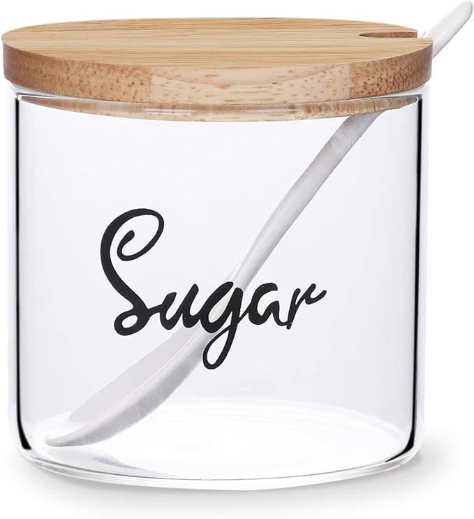 HAOTOP Clear Glass Sugar Bowl with Serving Spoon and Lid, Farmhouse Kitchen Countertop Canisters, Container Jar Dispenser Holder for Home Kitchen,12 oz