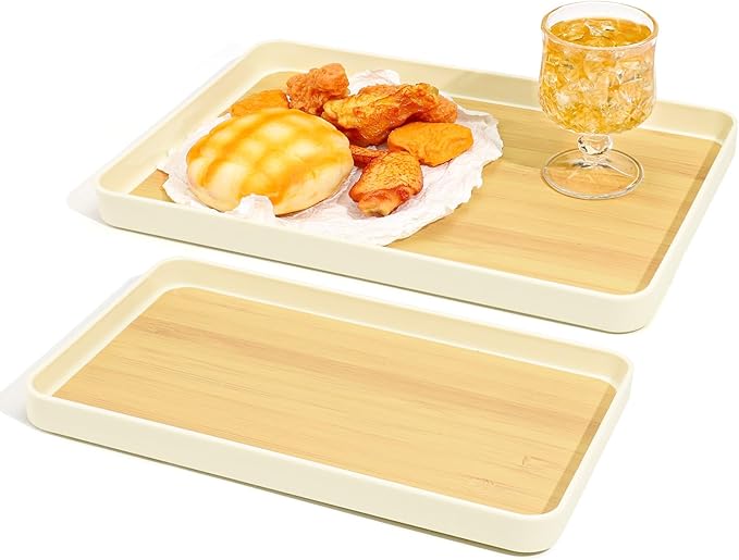 2 Pack Beige Plastic Serving Trays, 13.7" x 9" & 11.8" x 7.4" Rectangular Decorative Party Platter Dishes, Reusable Minimalist Tray Decor for Coffee Table Food Fruit Snack Dessert (Beige)