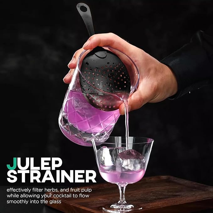 Homestia Cocktail Strainer Set – Bar tools Stainless Steel Includes Hawthorne Strainer, Julep & Fine Mesh Cocktail Strainers, Mixing Spoon – Drink Shaker Strainer for Bartending (5 Pieces, Black)