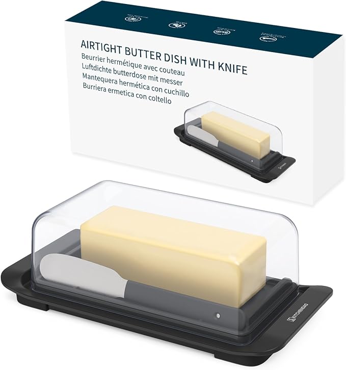 KITCHENDAO Airtight Butter Dish with Lid and Knife, Plastic Butter Dish for Countertop and Refrigerator, Keep Butter Fresh, Easy Scoop-Dishwasher Safe-butter Tray for West/ East Coast Butter, Black