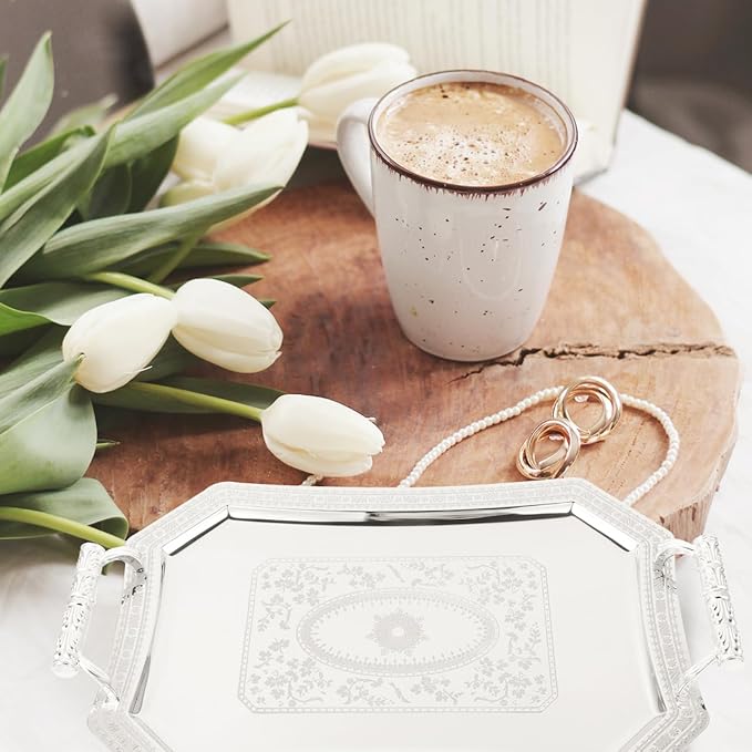 Milisten Binaural Tray Bread Plate Tray Stainless Steel Serving Plate Vintage European Style Metal Dessert Platter for Coffee Tea Cake Spaghetti Wedding Home Kitchen Restaurant, Antique Silver
