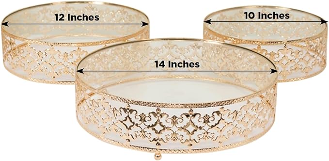 Efavormart Set of 3 Metal Cake Stands 10", 12", 14" Baroque Ornate Design with Glass Top Gold - Stackable Dessert Display Trays