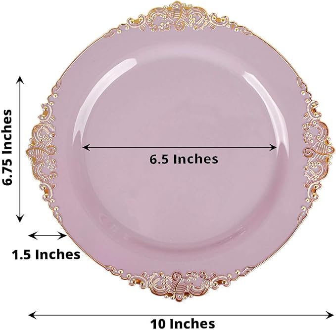10" Dinner Plates -Set of 30 - Plastic Lavender Lilac Round Baroque Disposable Chargers Leaf Embossed Rim, Ideal for Dinner Party Wedding Bulk Events