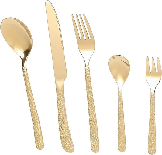 Pssopp Hammered Silverware Set, Serving Sets Flatware Set Service for 4 Person Home Party Wedding Eating Hammered Silverware, Stainless Steel Tableware Mirror Polished Cutlery (Gold)