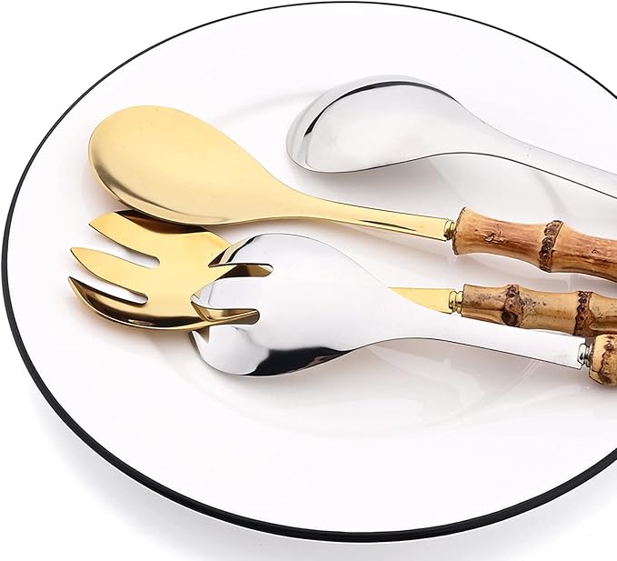 4 Piece Bamboo Handle Serving Set Utensils, 304 Stainless Steel Long Hanlde Serving Fork Spoon For Kitchen Buffet Restaurant Wedding Party Home (2 Spoons 2 Forks, Silver)