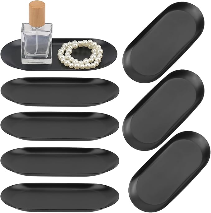 8 Pack 7 Inch Oval Stainless Steel Decorative Tray, Stainless Steel Tea Fruit Tray, 7 inch Black Oval Trays for Bathroom Vanity, Jewelry, Perfume & Key Organizer (Black)