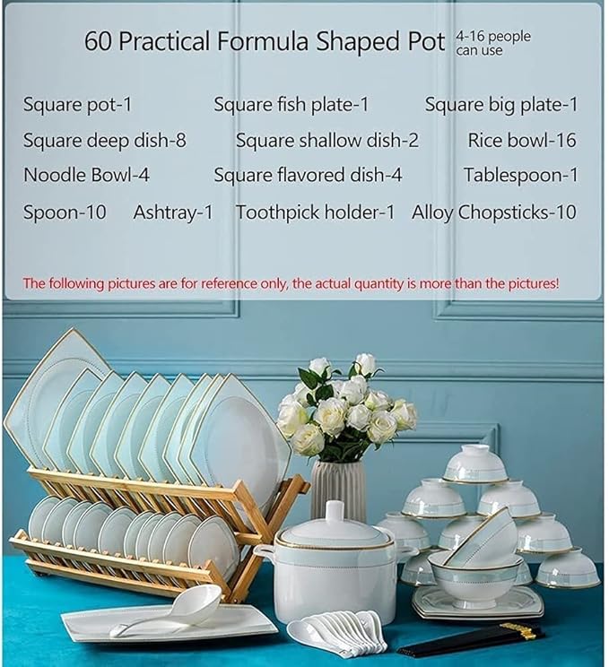 Dinnerware Sets - Luxury Gift Dishes Service Set, 30,56,60PCS Ceramic Dinnerware Set Bone China Tableware Dishes Plates Ceramic Combination Dinner Service Set (60 Pieces)