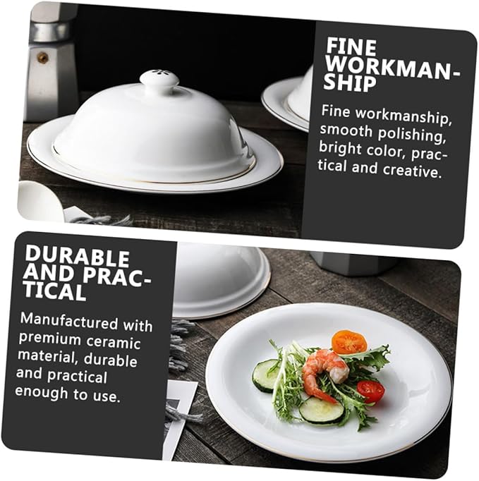 Mobestech Gold Trimmed Ceramic Plate with Lid for Western-style Cuisine Steak Serving Tray Food Storage Dishwasher Safe for Entertaining and Meal Prep