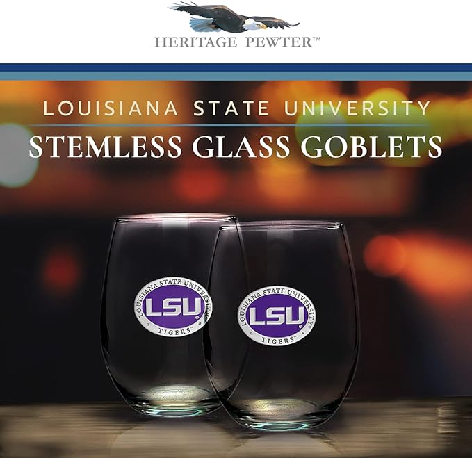 Heritage Pewter LSU Tigers Stemless Glass Goblets – Set of 2 | 15 OZ Goblet Wine Glasses | Expertly Crafted Pewter Glass