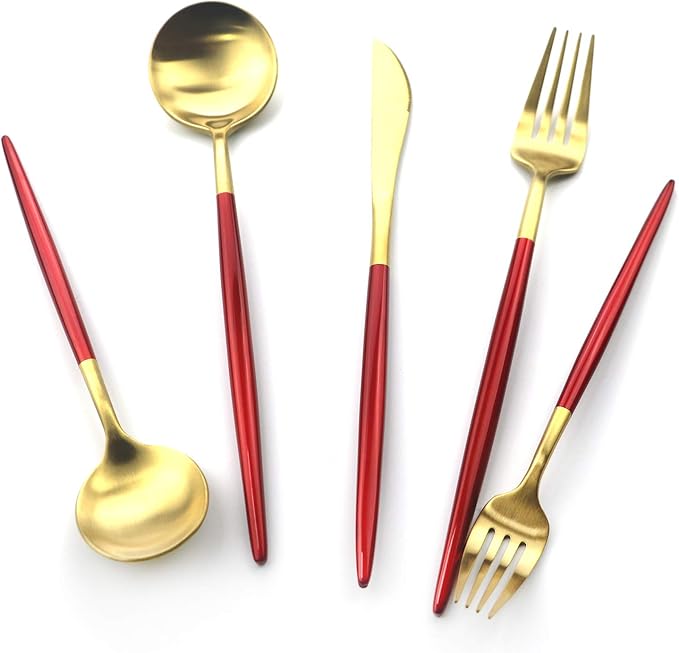 Gugrida 20 Pieces Matte Gold Red Handle 18/10 Stainless Steel Silverware, Flatware Titanium Black Cutlery, Utensils for Home Restaurant Service for 4, Dishwasher Safe (Red Gold)