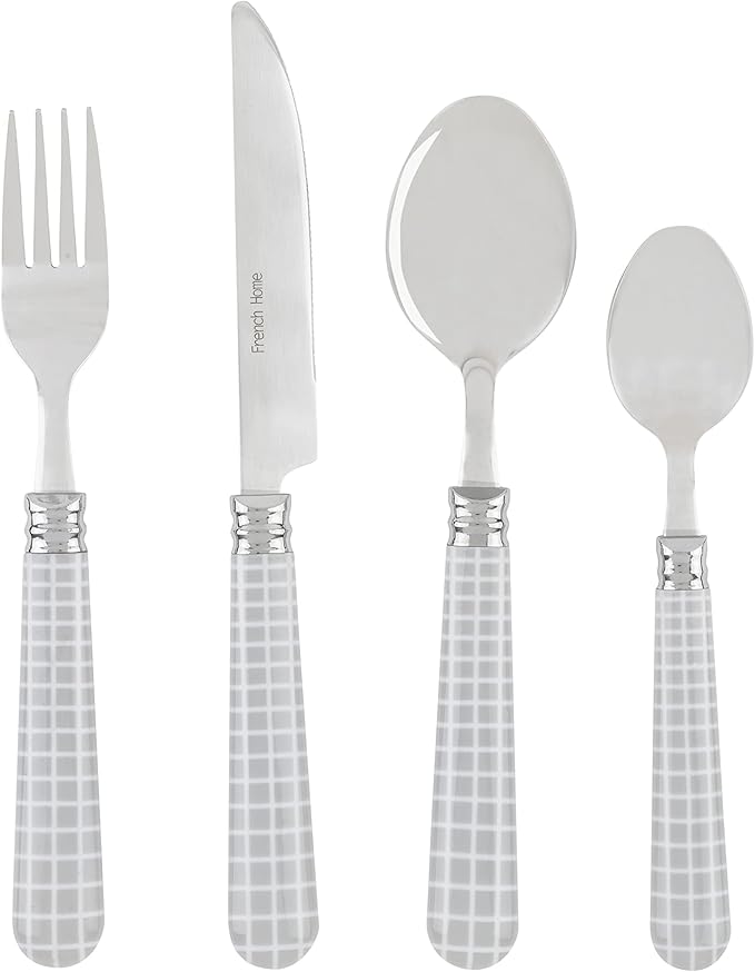 French Home Bistro 16-Piece Stainless Steel Flatware Set — Dinner Cutlery Set — Silverware Set Dishwasher Safe — Spoon & Fork And Knife Set — Modern Silverware Set For 4 (Cool-Toned Gray & White)