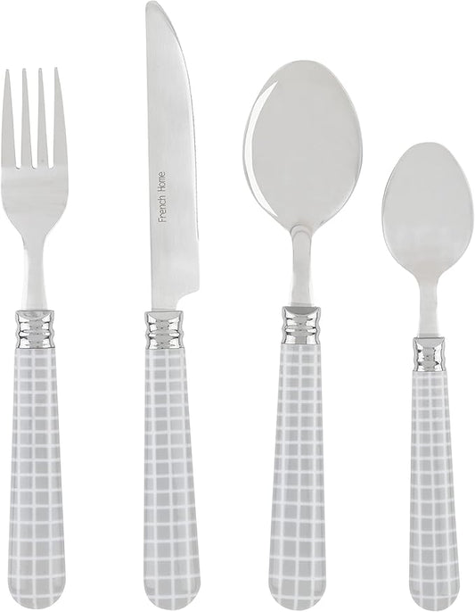 French Home Bistro 16-Piece Stainless Steel Flatware Set — Dinner Cutlery Set — Silverware Set Dishwasher Safe — Spoon & Fork And Knife Set — Modern Silverware Set For 4 (Cool-Toned Gray & White)