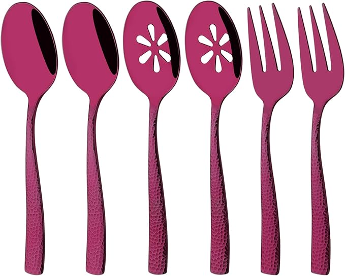 6 PCS Hammered Serving Utensils, Uniturcky Stainless Steel Serving Spoons Set, Square and Thick Hostess Serving Set, Includes 2 Serving Spoon 2 Serving Fork and 2 Slotted Spoon, Mirror Purple