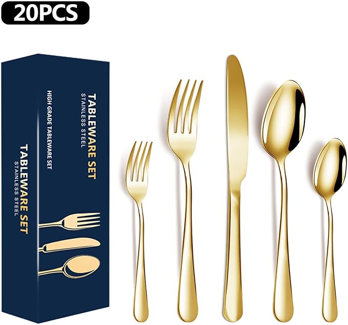 20-Piece Gold Serving Flatware Silverware Set, Stainless Steel Serving Utensil Set, Cutlery Set Service For 4 ，Dishwasher Safe Perfect For Home Kitchen Restaurant (Gold)