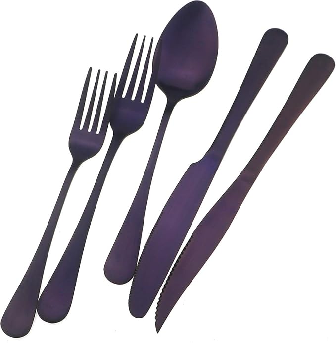 Gugrida 24-Piece Titanium Purple Plated Stainless Steel Flatware Set, Travel Cutlery Include Knife Fork Spoon Service for 4,Healthy & Eco-Friendly Silverware - Matte Elegant Modern Eating Utensils
