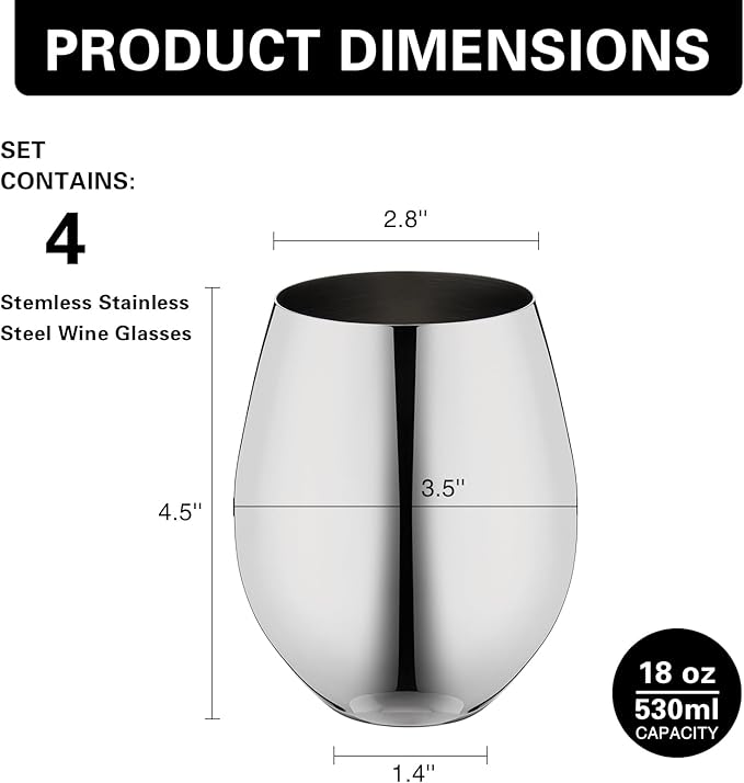 WOTOR Stemless Stainless Steel Wine Glasses Set of 4, 18oz Unbreakable Metal Wine Glass, Fancy, Unique Wine Goblets for Outdoor, Travel, Camping and Pool, Ideal Gift for Wine Lovers (Silver)