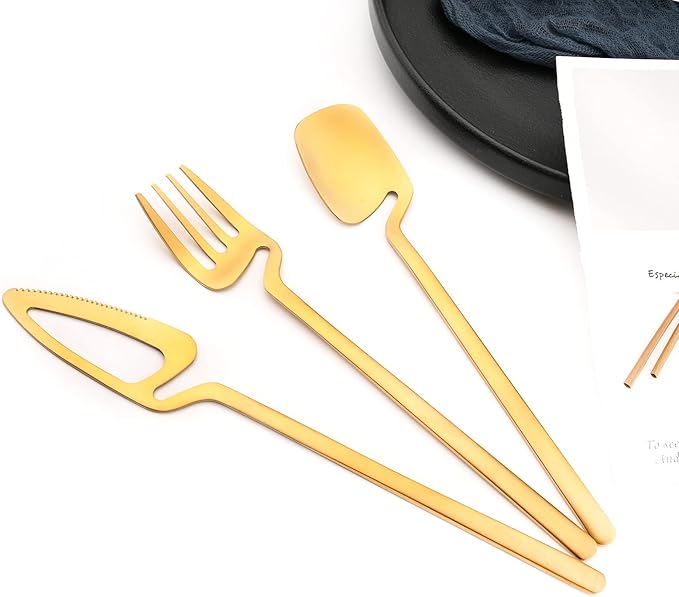 Hangable & Uinque Matte Silverware Flatware Set, 8-Pieces 18/10 Stainless Steel Cutlery Set Suitable For Family Couple Student Office Restaurant Party, Service for 2 (Gold)