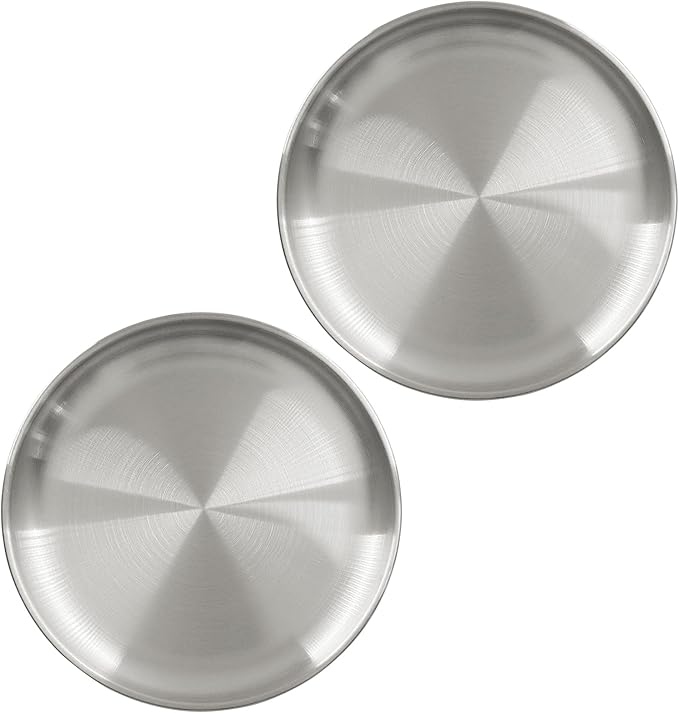 Piutouyar 2 Pcs 20 cm / 7.87 Inch Round Serving Tray, Stainless Steel Circular Metal Platter, Decorative Tray Silver Dinner Dishes for Kitchen, Bathroom, Home