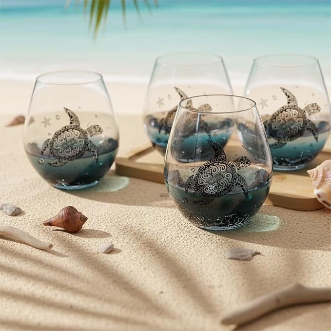 Sea Turtle Wine Glasses Set 4 - 13.3oz Crackle Teal Design, Hand blown Tortoise Wine Tumbler,Sea Turtle Gifts for Women, Birthday/Housewarming/Christmas Gifts for Seaturtle Lovers(4Count, Black)