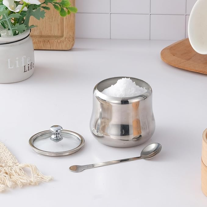 2 pack 12oz Stainless Steel Sugar Bowl Decorative Silver Ghee Container with Spoon and Glass Lid Small Spice Jars for Seasonings Condiment Pot for Kitchen Coffee Table