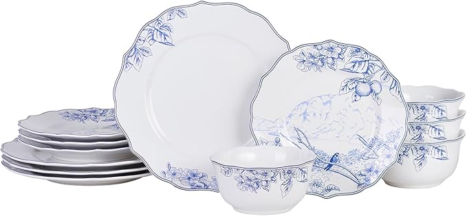 222 Fifth 12-Piece Porcelain Dinnerware Set for 4, Elegant Floral Plates and Bowls Sets- White/Blue Ceramic Dishes, Chip Resistant Kitchen & Dining Dish Set, Microwave & Dishwasher Safe, Hudson Valley