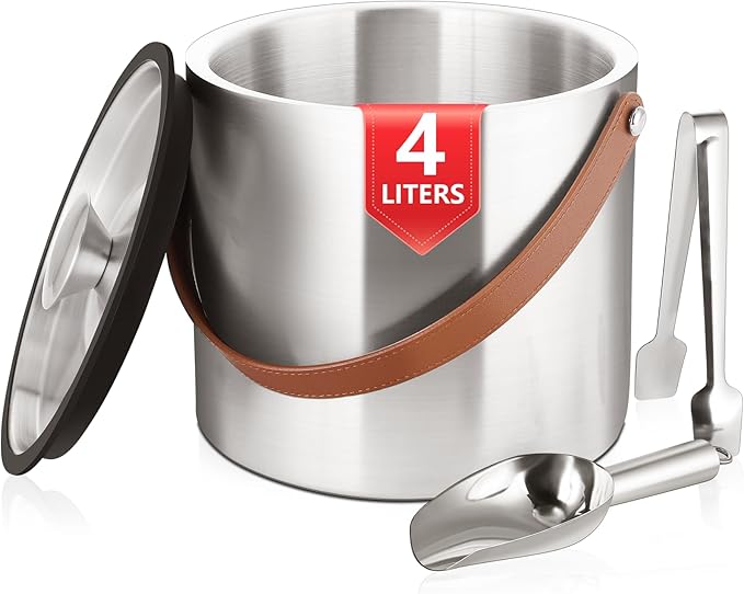 4L Ice Bucket with Lid, Scoop,Tongs & Strainer, Stainless Steel Double Wall Insulated Ice Buckets for Parties & Cocktail Bar, Large Outdoor Champagne Ice Container, Light Brown Handle