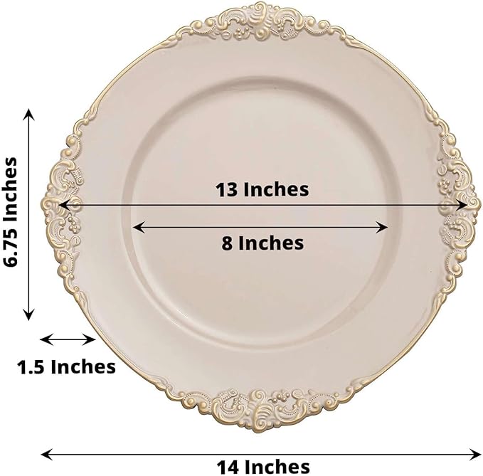 13" Charger Plates -Set of 24 - Acrylic Taupe Round Baroque Disposable Chargers Leaf Embossed Rim, Ideal for Dinner Party Wedding Bulk Events