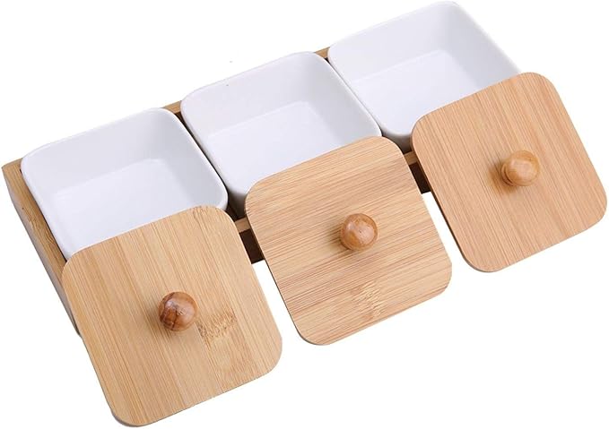 Ceramic Divided Serving Dishes, Serving Tray and Platter Ceramic Condiments Tray with Lids 3 Removable Appetizer Serving Bowls for Chips and Dip Condiment Fruit Veggies Nut Candy and Snacks