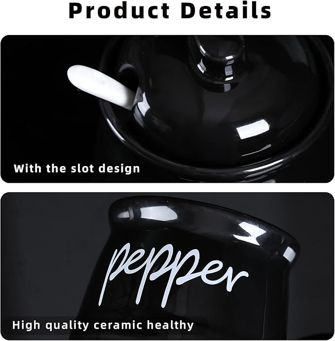ONTUBE Ceramic Salt and Pepper Bowls with Lid and Spoon 12oz (Black)