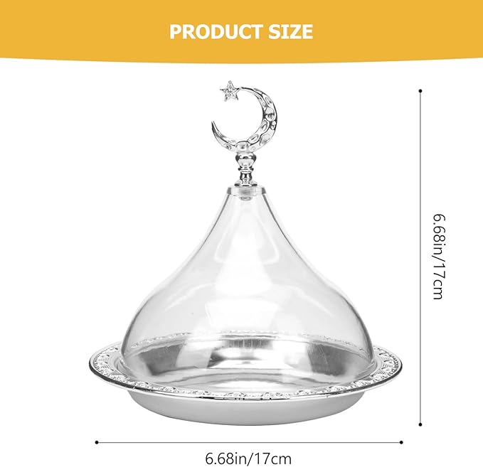 Zerodeko Eid Mubarak Cake Stand with Dome Lid Ramadan Cake Plate with Acrylic Cover Metal Muslim Dessert Holder Serving Tray for Eid Mubarak Party, 17x17cm, Silver, E191567BN3