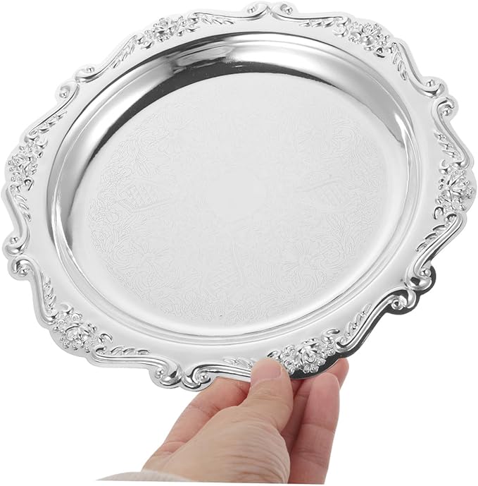 Decorative Iron Serving Tray Silver Round Platter for Food Snacks Jewelry Storage Plate for Home Parties