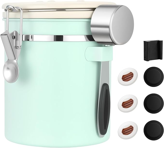 ShanSon Coffee Canister Airtight Coffee Container Stainless Steel Coffee Bean Storage Container with Scoop Coffee Canister for Beans Grounds Sugar Flour Tea Cereal,16OZ,Green