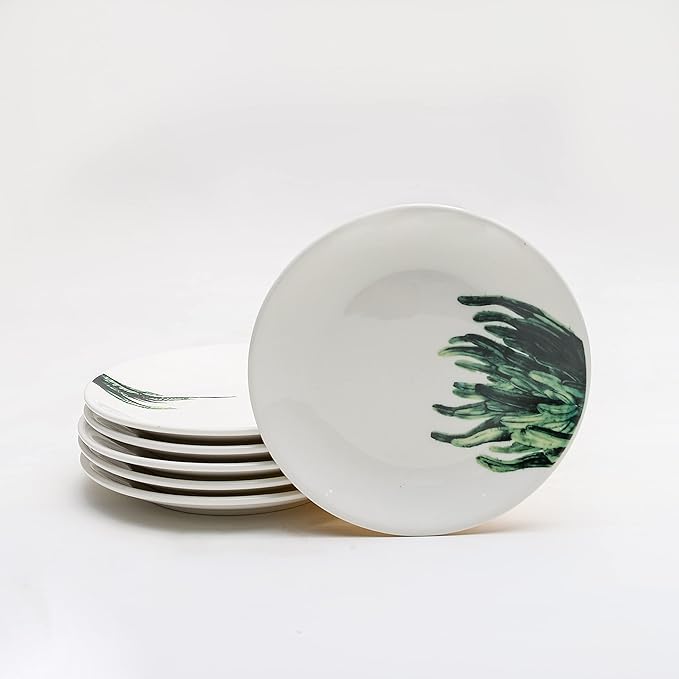 6 Inch Set of 6 Assorted Designs, Small Porcelain Plates with Plants Pattern,White Ceramic Dinnerware for Appetizer Luncheon Snacks Dessert Serving Bread, Microwave Oven Dishwasher Safe