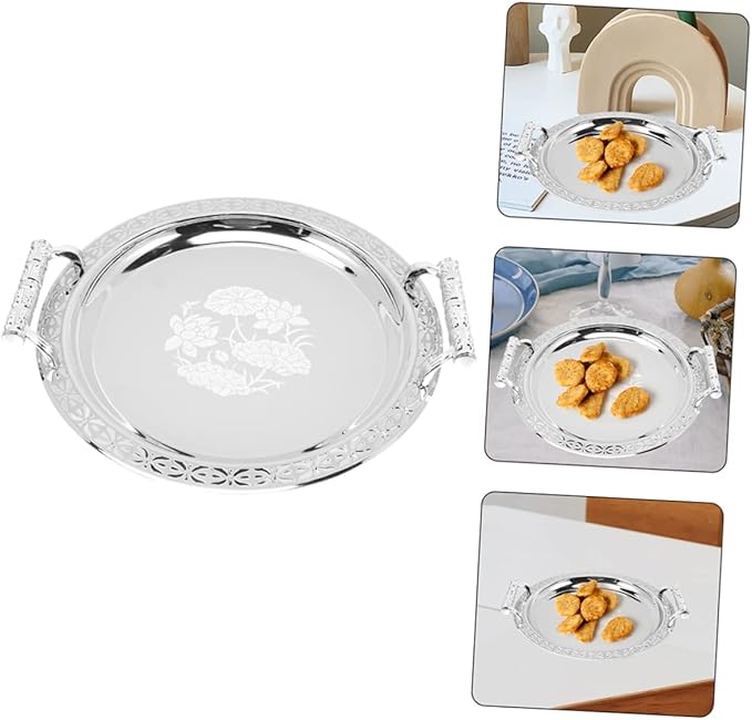 GLEAVI Silver Plated Round Pattern Tray Charcuterie Fruit Holder Serving Dish Plates