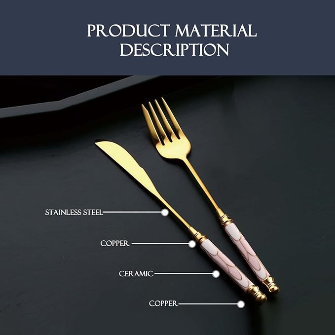 40-piece luxury gold flatware set for 8, 18/8 stainless steel silverware set, cutlery set with ceramic handle，forks and spoons for family wedding party，dishwasher safe