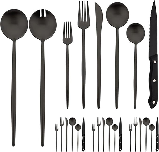 Black Silverware Set with Serving Utensils, Uniturcky 26 Pieces Flatware Set with Steak Knives Service for 4, Kitchen Cutlery Sets with Long Handle Serving Fork and Spoon, Satin Finish