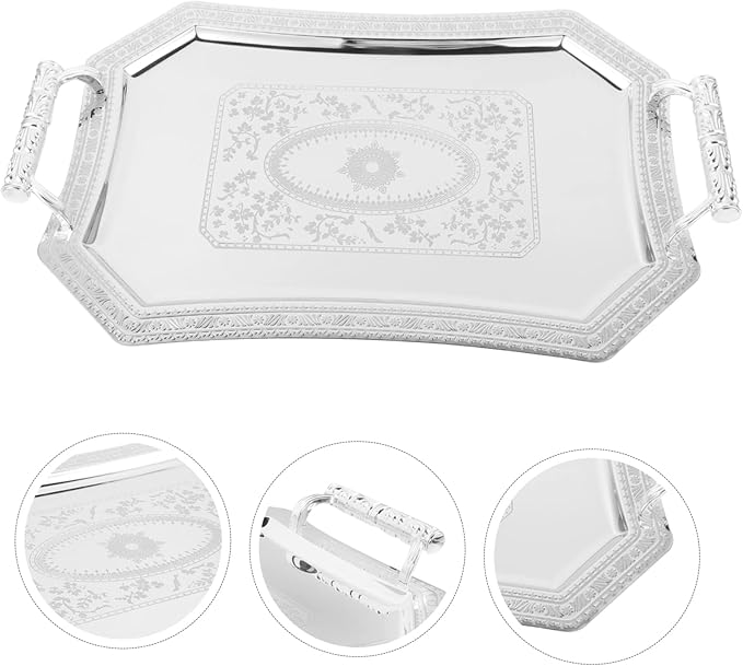 Happyyami Vintage Silver Serving Tray Retro Decorative Dish for Dessert Snacks and Appetizers Elegant Double-handled Platter for Tea Parties Housewarming and Weddings