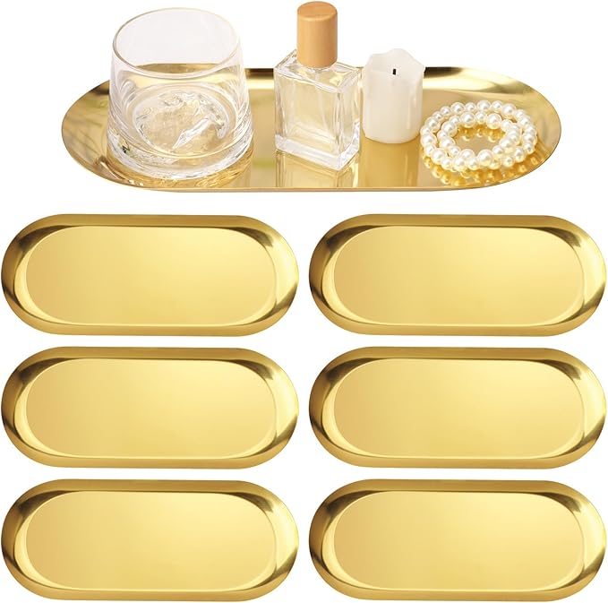 8 Pack 12 Inch Oval Stainless Steel Decorative Tray, Stainless Steel Tea Fruit Tray, 12 inch Gold Oval Trays for Bathroom Vanity, Jewelry, Perfume & Key Organizer (Gold)