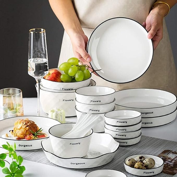60 Pieces White Dinnerware Set Dishes - Dinner Plates and Bowls Sets Service for 12, Luxury Ceramic Dishes Set, Nordic Style Black Line Diamond Pattern, for Family Friend (White 28 Pcs)
