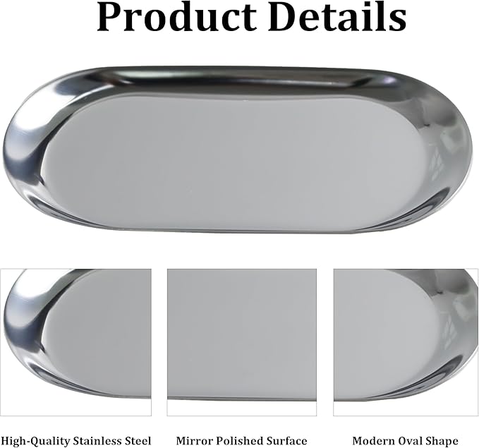 2Pcs 7x3.3inch Stainless Steel Decorative Trays, Oval Jewelry Dish Cosmetics Organizer, Silver Serving Platter for Bathroom Vanity Dresser Storage